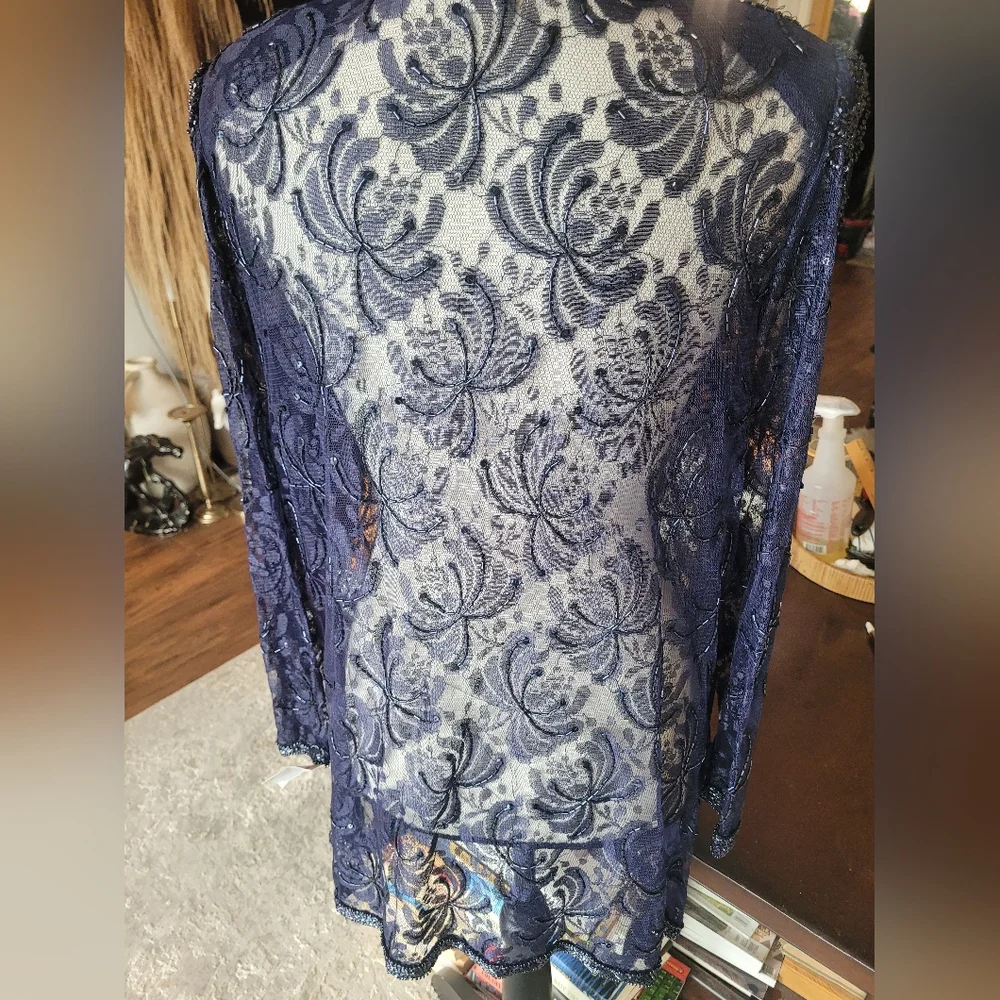 Laurence Kazar Navy Lace Beaded Cardigan